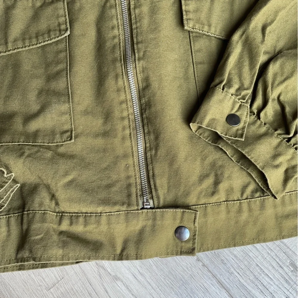 JustFab Canvas Cropped Jacket Balloon Sleeve Olive Green Boxy Cargo Like SZ XXL - Picture 7 of 16